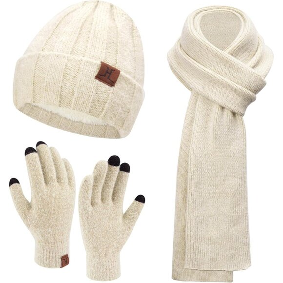Women's Apricot Warm Knit Beanie Hat Touchscreen Gloves Long Neck Scarf Set - Picture 1 of 6
